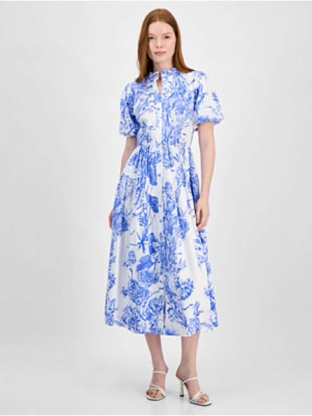 Tahari White Midi Dress with Blue Floral Print-small